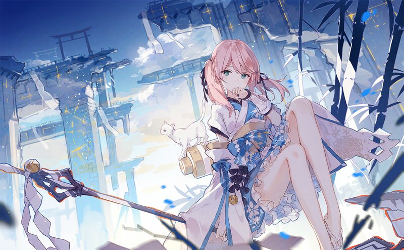 Pink-haired Girl with Cat — Blue, Serene