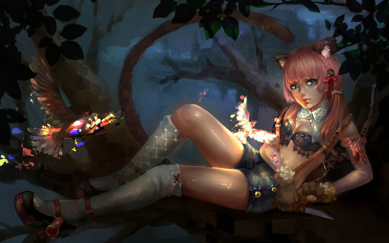 Pink-haired Girl with Cat Ears — Blue, Dramatic