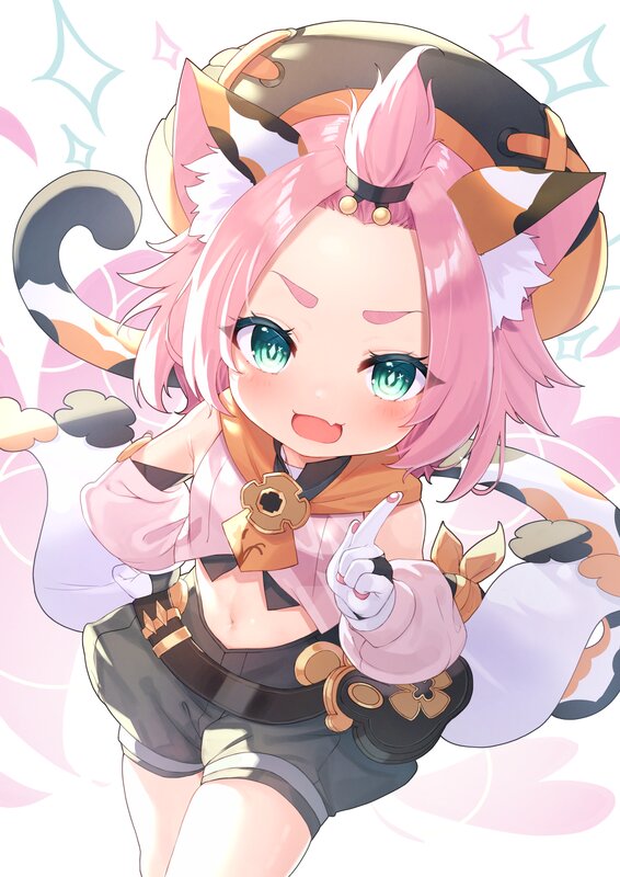Pink-haired Girl with Cat Ears — Pink, Playful, Anime, Cat Ears, Tail