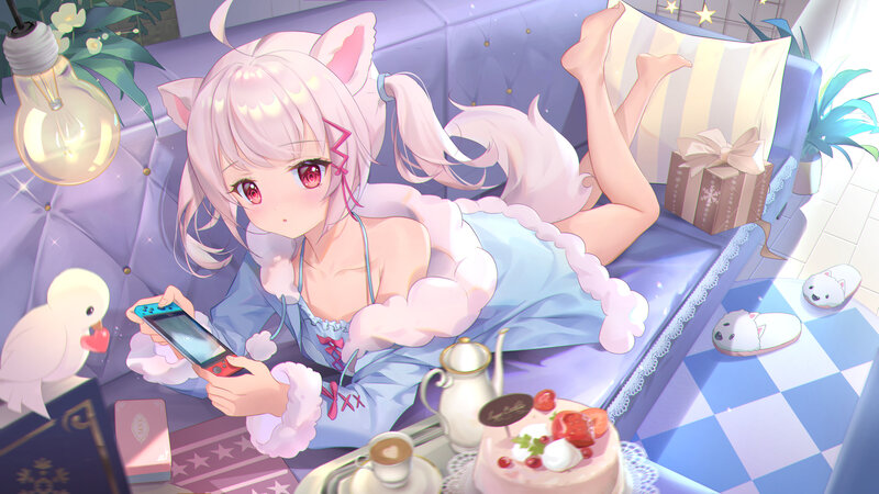 Pink-haired Girl with Cat Ears — Purple, Calm, Afternoon
