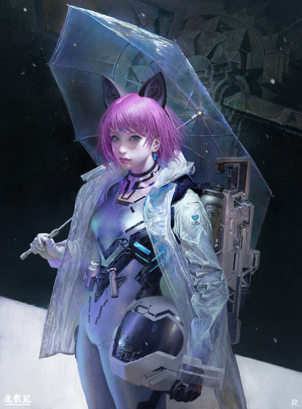 Pink-haired Girl with Cat Ears — Purple, Dramatic