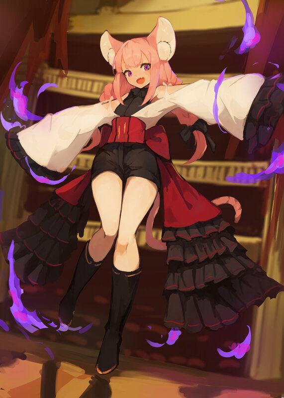 Pink-haired Girl with Cat Ears — Red, Dramatic, Digital Art