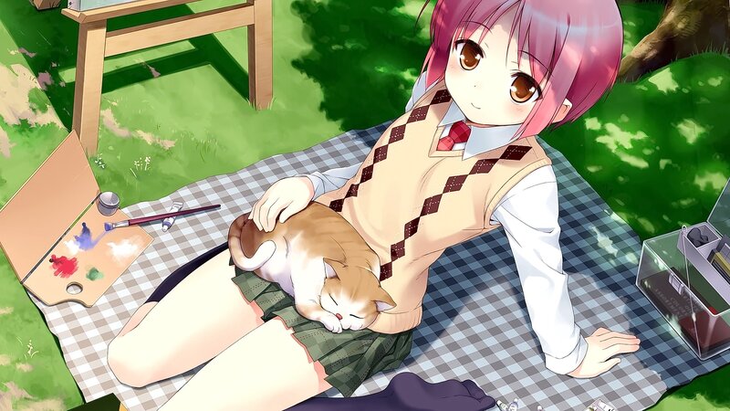 Pink-haired Girl with Cat — Green, Peaceful