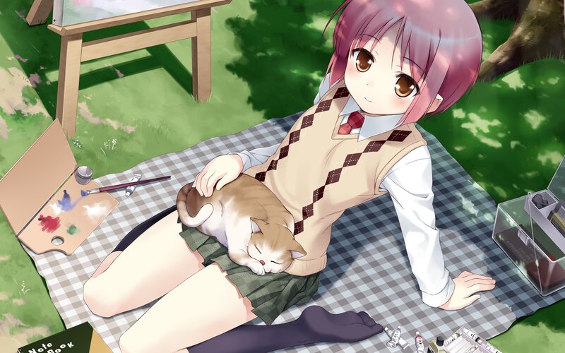 Pink-haired Girl with Cat — Green, Serene