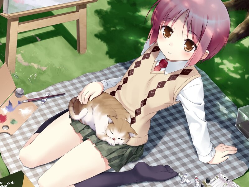 Pink-haired Girl with Cat — Green