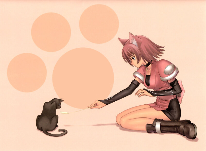 Pink-haired Girl with Cat — Pink, Calm, Anime, Paw Prints