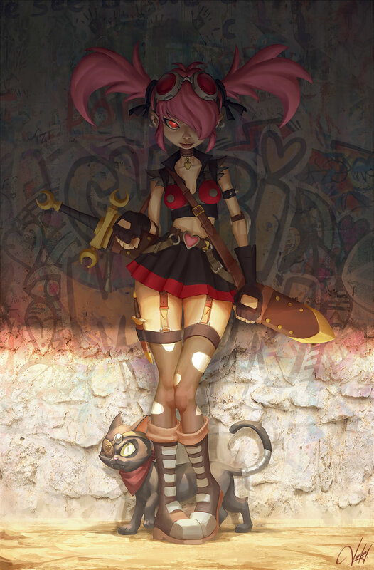 Pink-haired Girl with Cat — Pink, Dramatic