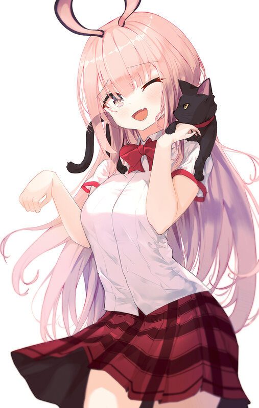 Pink-haired Girl with Cat — Pink, Playful, Anime, School Uniform