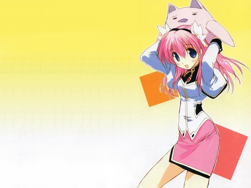 pink-haired girl with cat plush