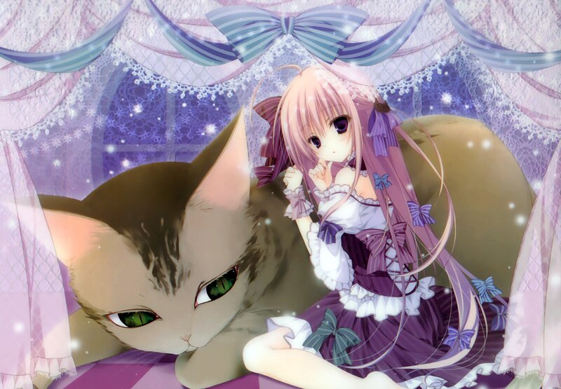 Pink-haired Girl with Cat — Purple, Serene