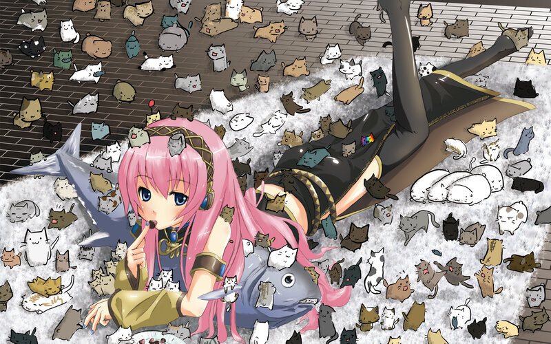 pink-haired girl with cats