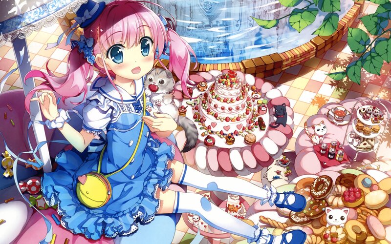 Pink-haired Girl with Cats — Blue