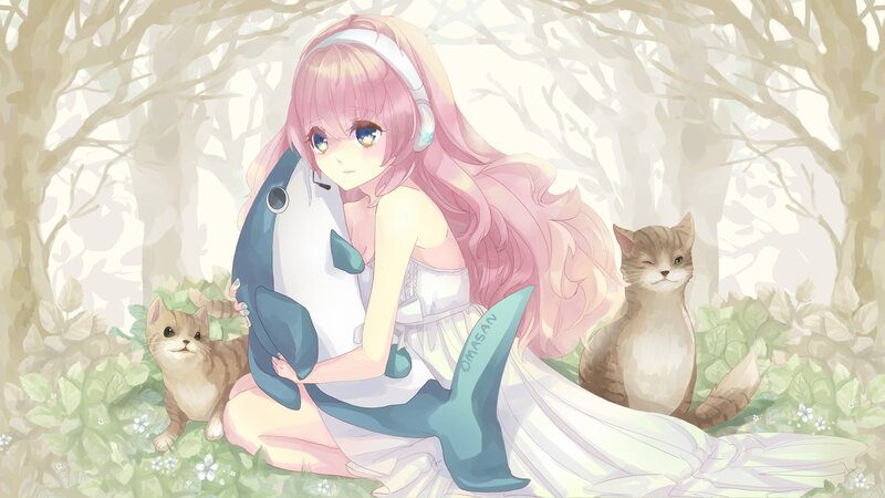 Pink-haired girl with cats in forest