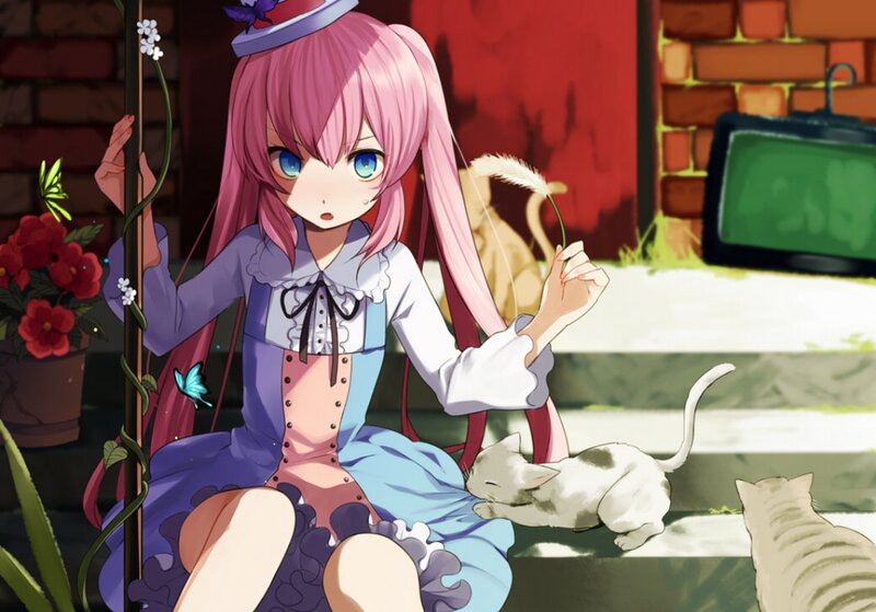Pink-haired Girl with Cats — Pink, Calm, Afternoon
