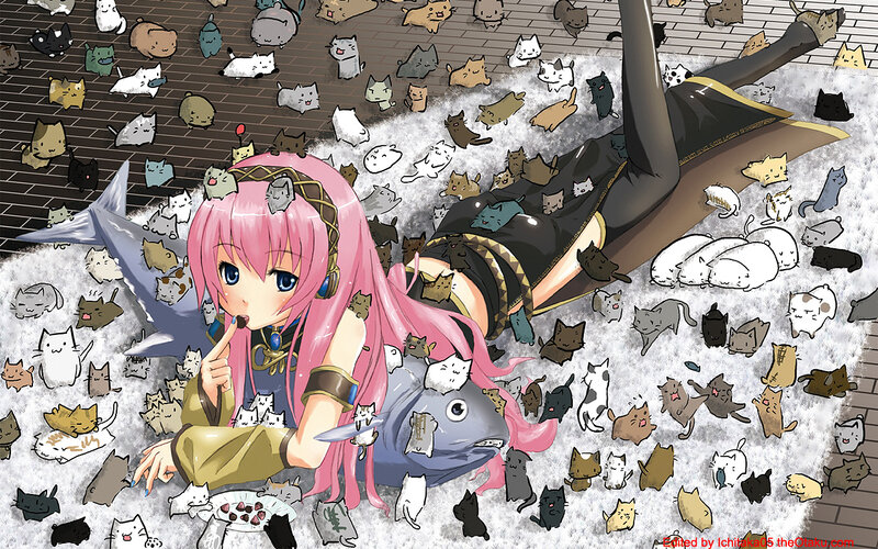 Pink-haired Girl with Cats — Pink, Playful, Anime, Fish