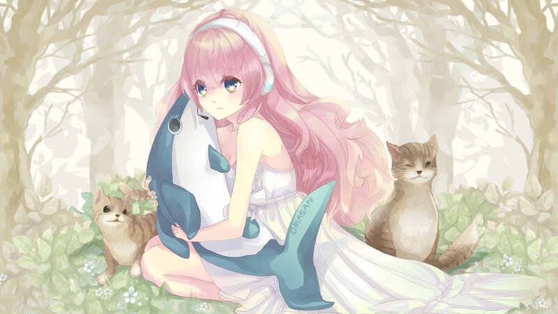 Pink-haired Girl with Cats — Pink, Serene, Morning