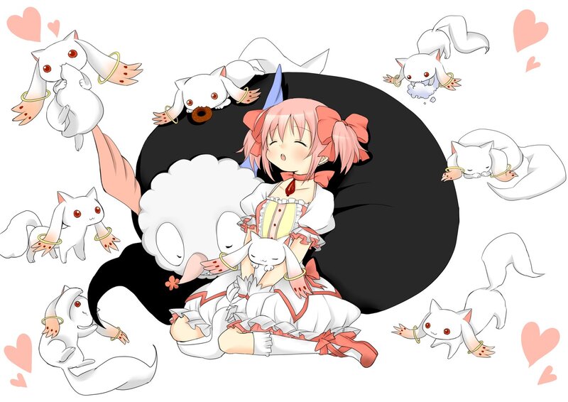 Pink-haired Girl with Cats — White
