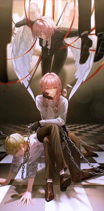 Pink-haired Girl with Chains — White