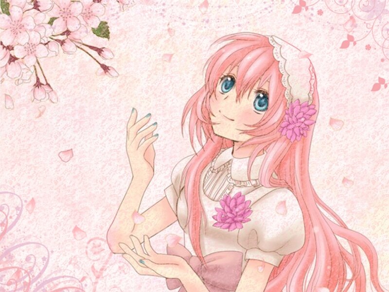pink-haired girl with cherry blossoms