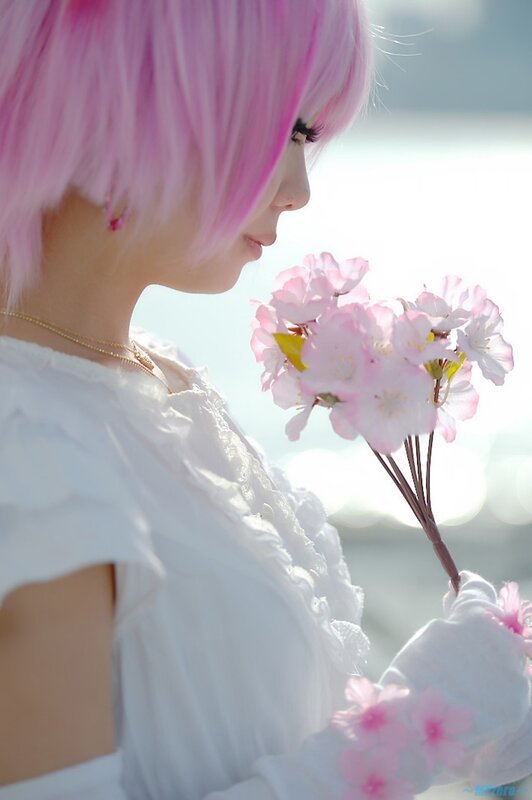 pink-haired girl with cherry blossoms