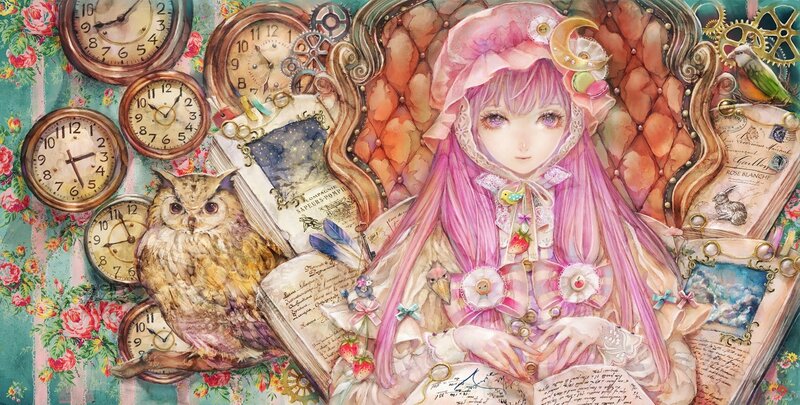 Pink-haired girl with clocks and owl