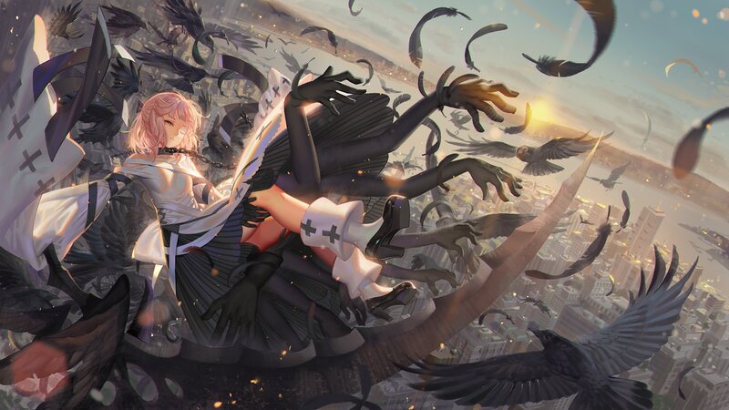 Pink-haired Girl with Crows