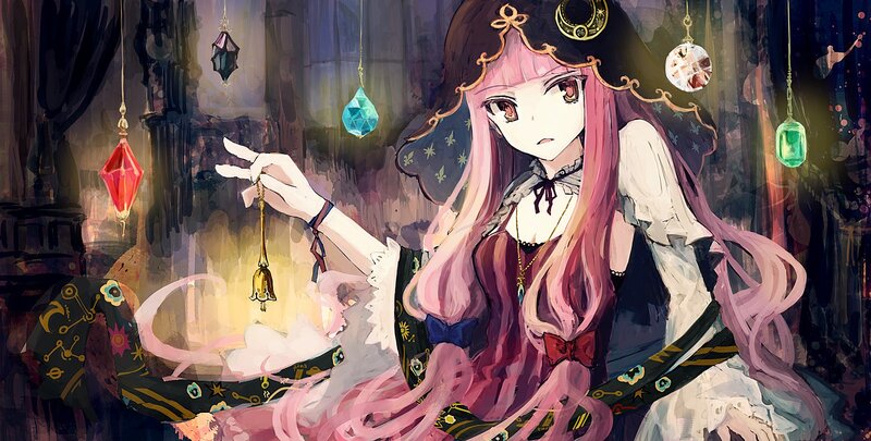pink-haired girl with crystals