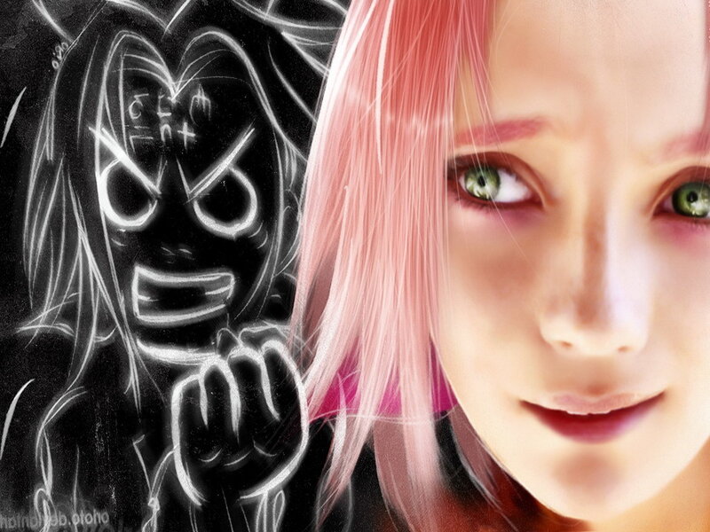Pink-haired girl with dark figure