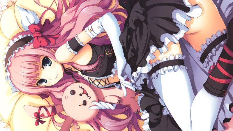 pink-haired girl with doll