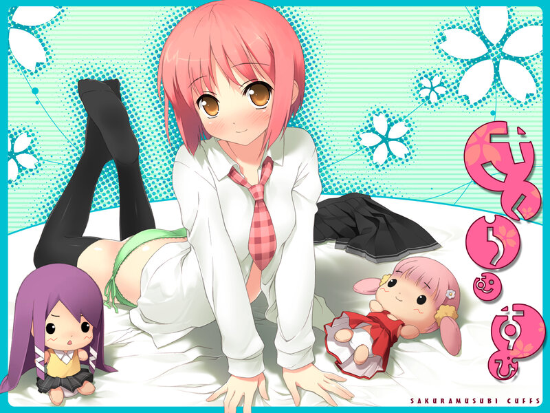 Pink-haired girl with dolls