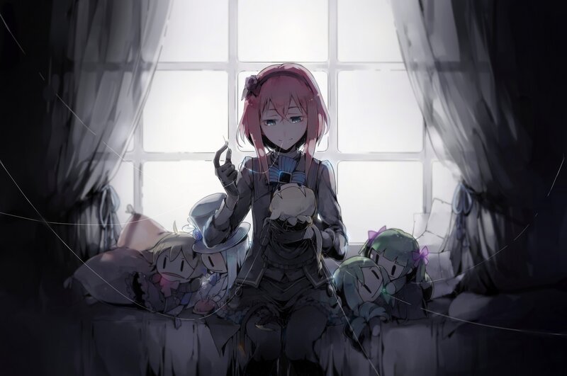 Pink-haired Girl with Dolls — Gray