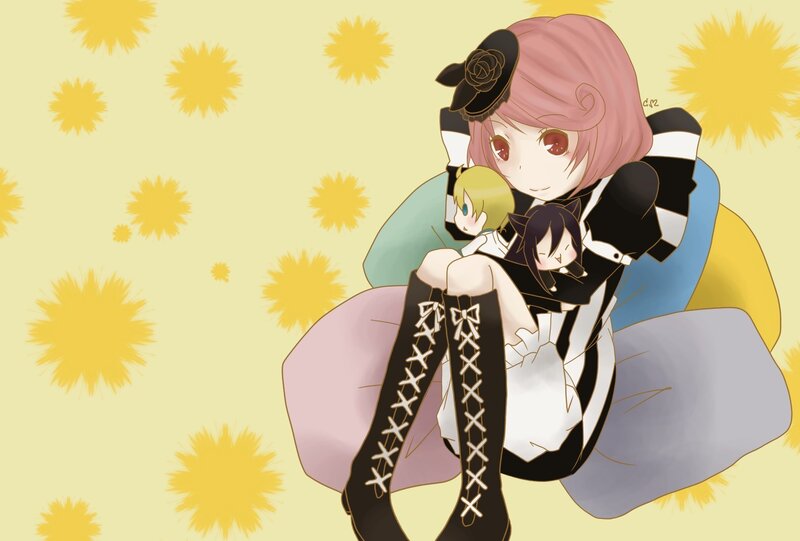 Pink-haired girl with dolls