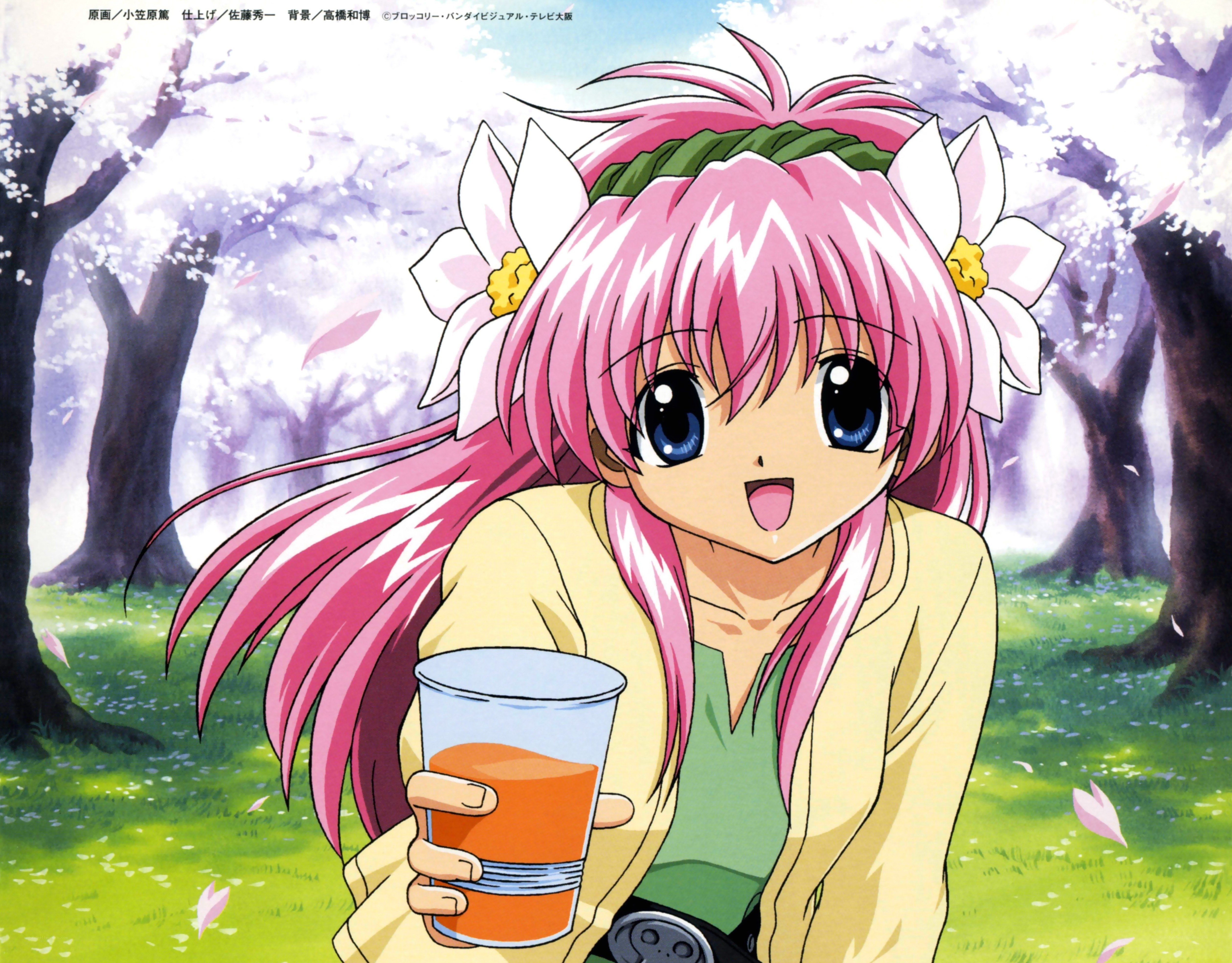 pink-haired girl with drink