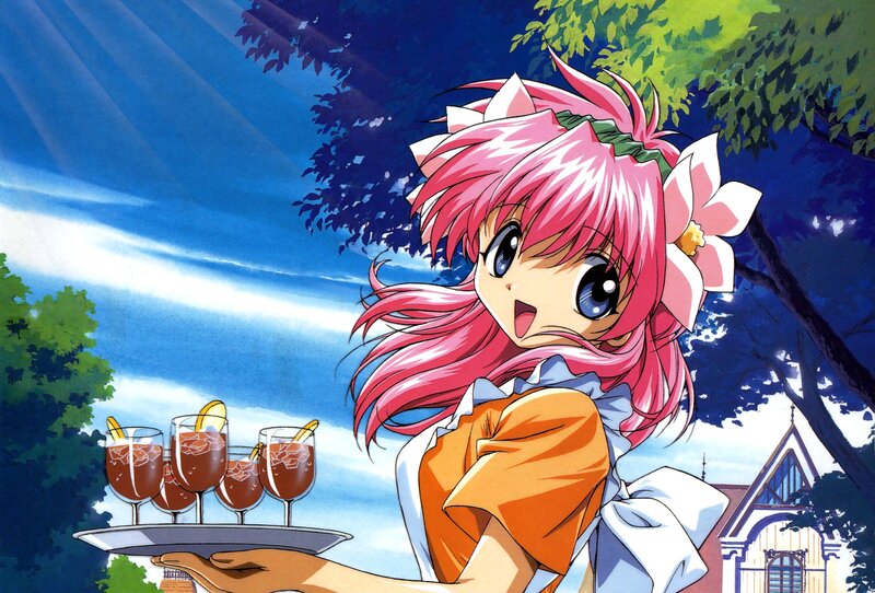 Pink-haired girl with drinks