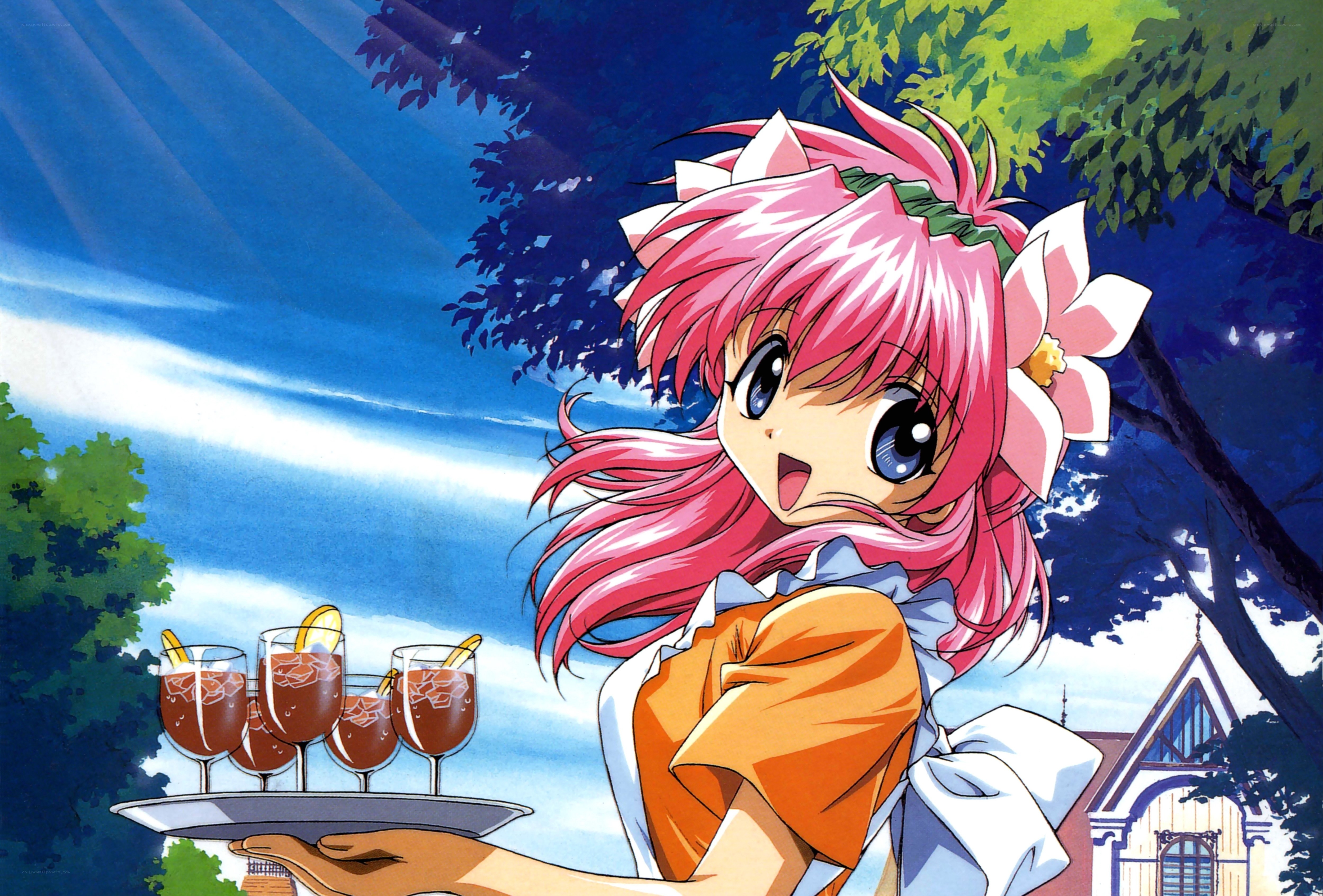 Pink-haired girl with drinks
