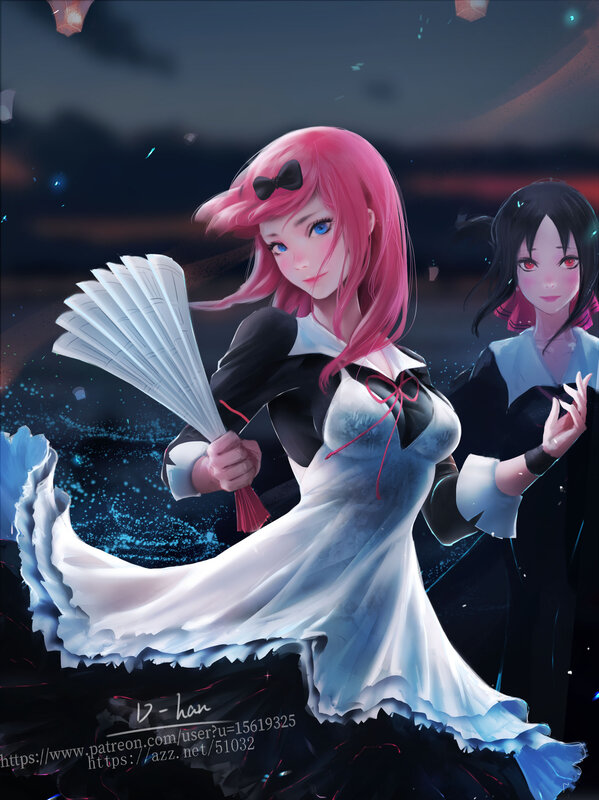 Pink-haired Girl with Fan — White