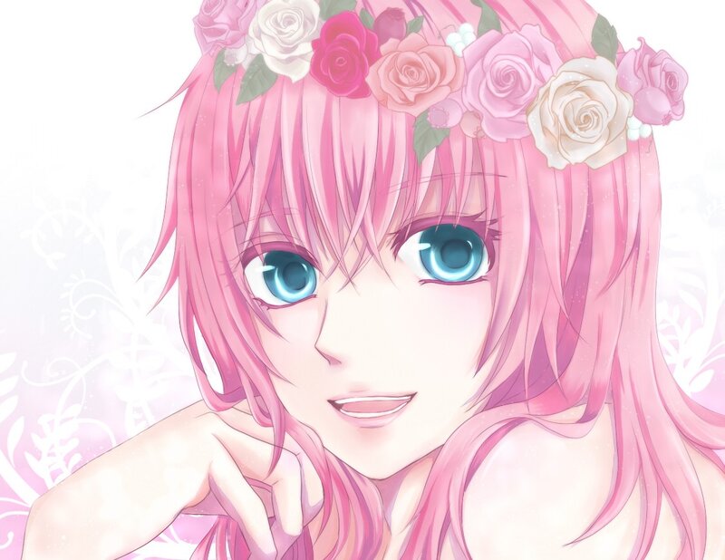 pink-haired girl with flower crown