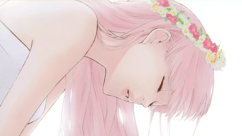 pink-haired girl with flower crown