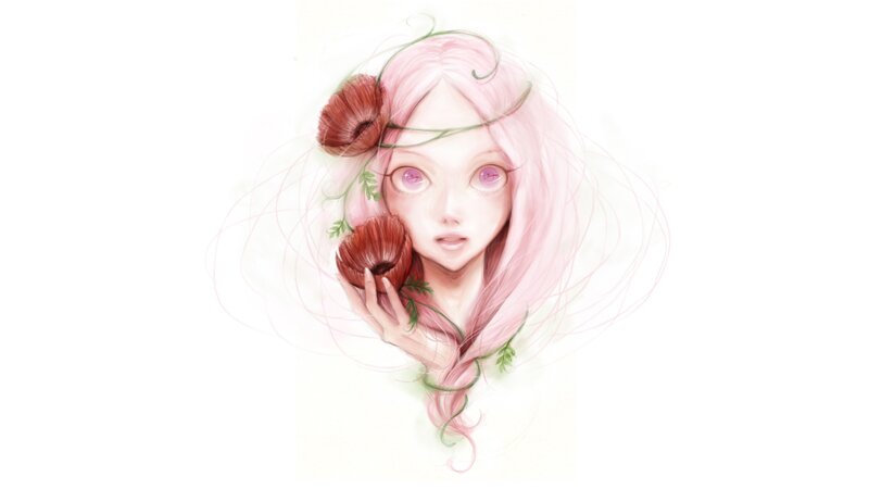 pink-haired girl with flowers