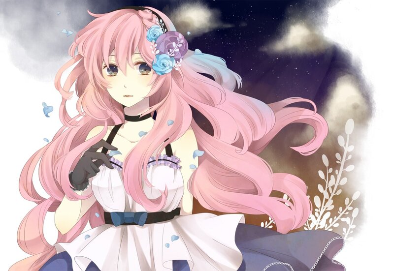 pink-haired girl with flowers