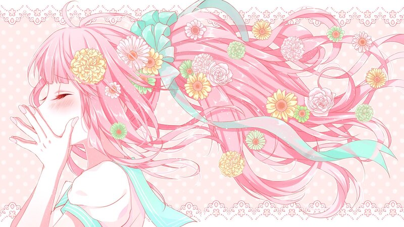 pink-haired girl with flowers