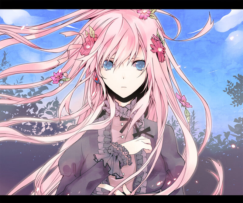 pink-haired girl with flowers