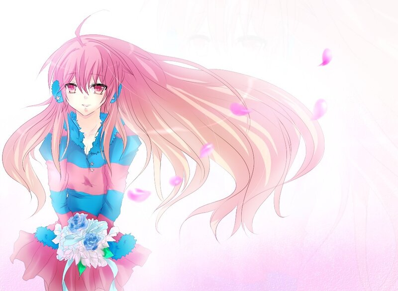 pink-haired girl with flowers