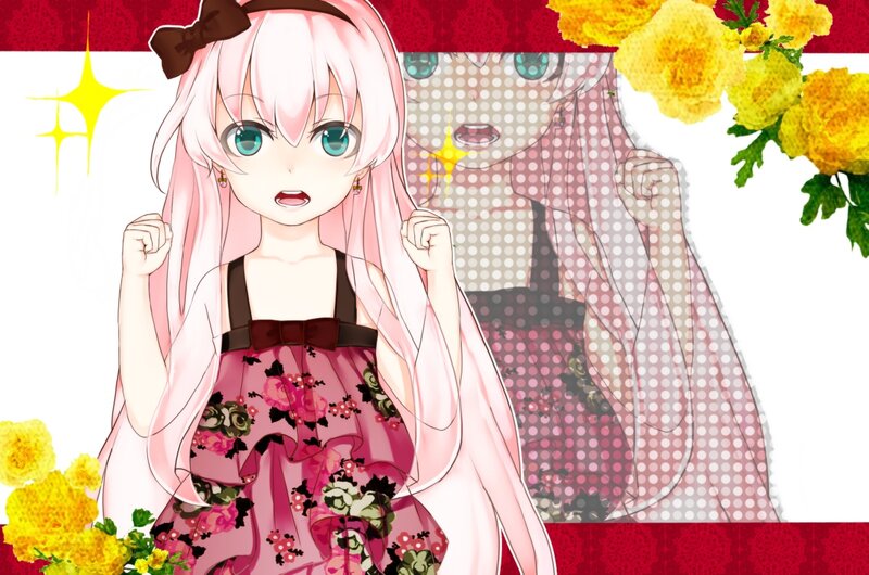 pink-haired girl with flowers