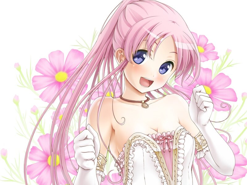 pink-haired girl with flowers