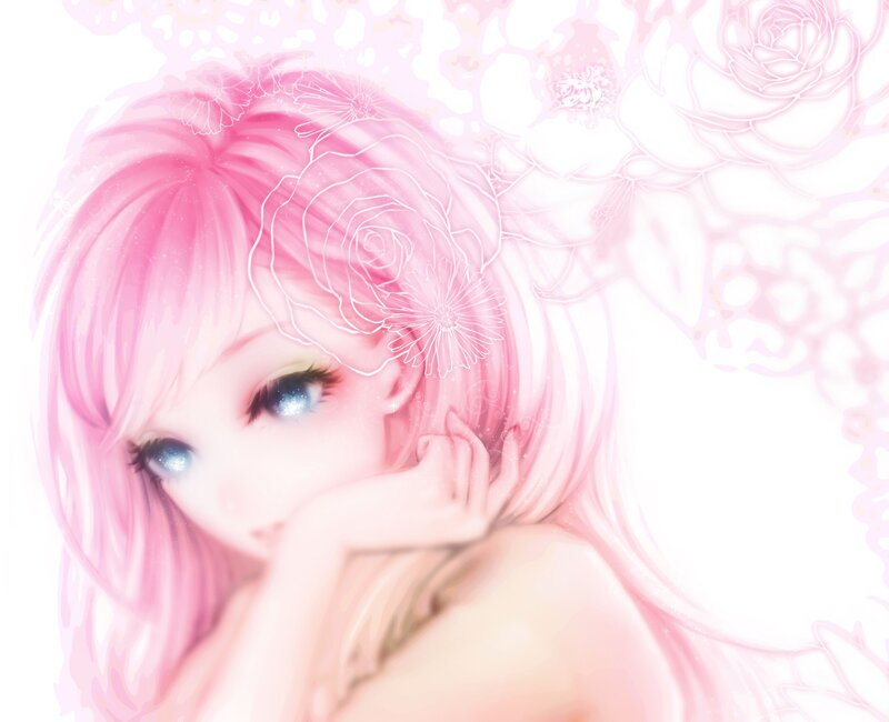pink-haired girl with flowers