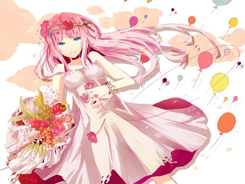 pink-haired girl with flowers