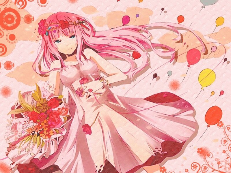 Pink-haired girl with flowers and balloons