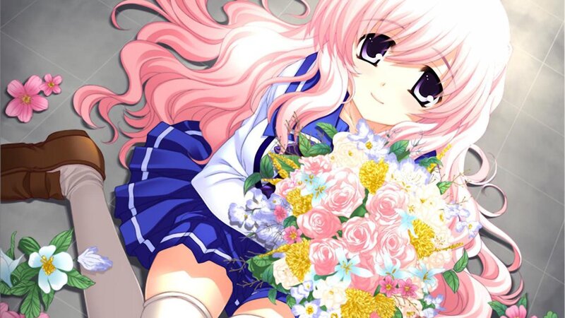 Pink-haired Girl with Flowers — Pink, Calm, Anime