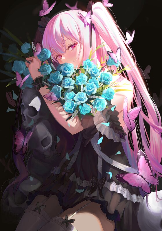Pink-haired Girl with Flowers — Pink, Dramatic, Night